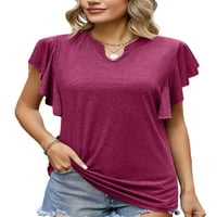 Haite Women Summer Tops Ruffle T-Shirt Тениска с къс ръкав плаж тролен празничен масивен цвят туника блуза вино червено m