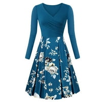 Женска модна есенна флорална щампа A-Line дълъг ръкав V-образно деколте елегантна рокля, небесно синьо