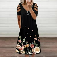 Дамски флорален принт V-образен деколтен летен ежедневен къс ръкав рокля с цип черен m
