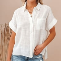 Дамски летни тениски Плътен цвят памук бельо риза къс ръкав Топ Блуза ревера бутон тениска