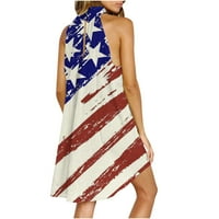 4 юли миди рокли за жени САЩ флаг печат Нагънат оглавник рокля хлабав монтаж Флоу Патриотичен печат рокля
