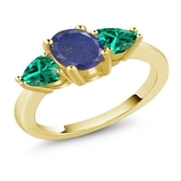 Скъпоценен Камък ЦАР 2. КТ овален син лапис зелен Нано Изумруд 18К Жълт позлатен Сребърен пръстен