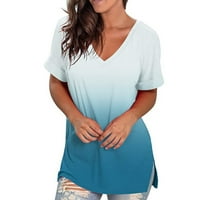 Tklpehg Лятни ризи с къс ръкав за жени от свободното време v-образно деколте отпечатани върхове на туника свободни меки удобни блузи Графичен тройник Светло син