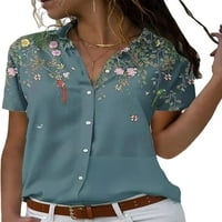 Жени върхове с къси ръкави ризи флорална принт блуза дами елегантна туника риза празник зелено 5xl
