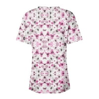 Дамски върхове за жени летни дантели яка с къси ръкави Цветя за печат Бързо сухо работно облекло с джобове розово xxl