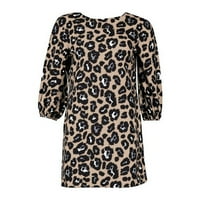 Дамски модерен леопардов печат свободни мини ежедневни рокли ръкав кръгла врата памук удобно свободно време ваканция тениска къса рокля бежово l