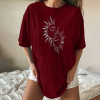 Vivianyo HD Дамски летни ризи с къс ръкав Женски винтидж слънце и луна отпечатан модел ежедневни кратки ръкави върхове блуза вино