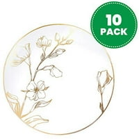 [7 '' броят на чиниите] Бяла пластмасова флорална дизайнерска табела със златен ръб Premium в тежка категория Елегантни съдове за принадлежности за еднократна употреба